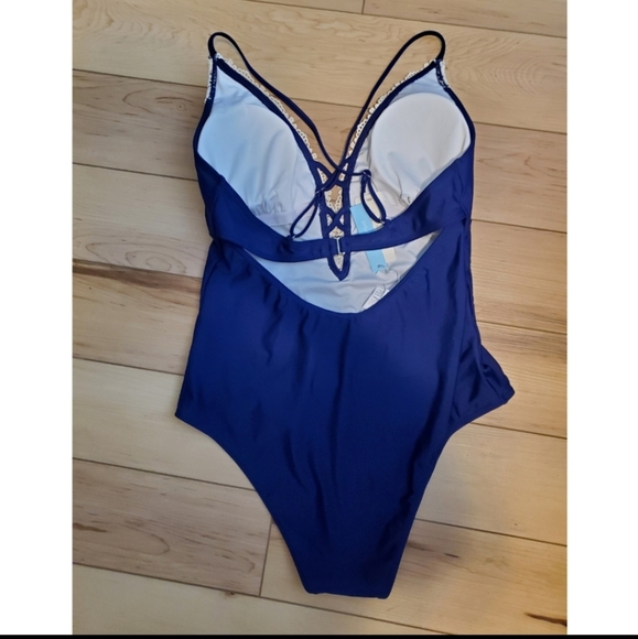 HP CUPSHE vintage XXL Sexy Blue Off White Lace plus size 1piece bathing … - Picture 5 of 9